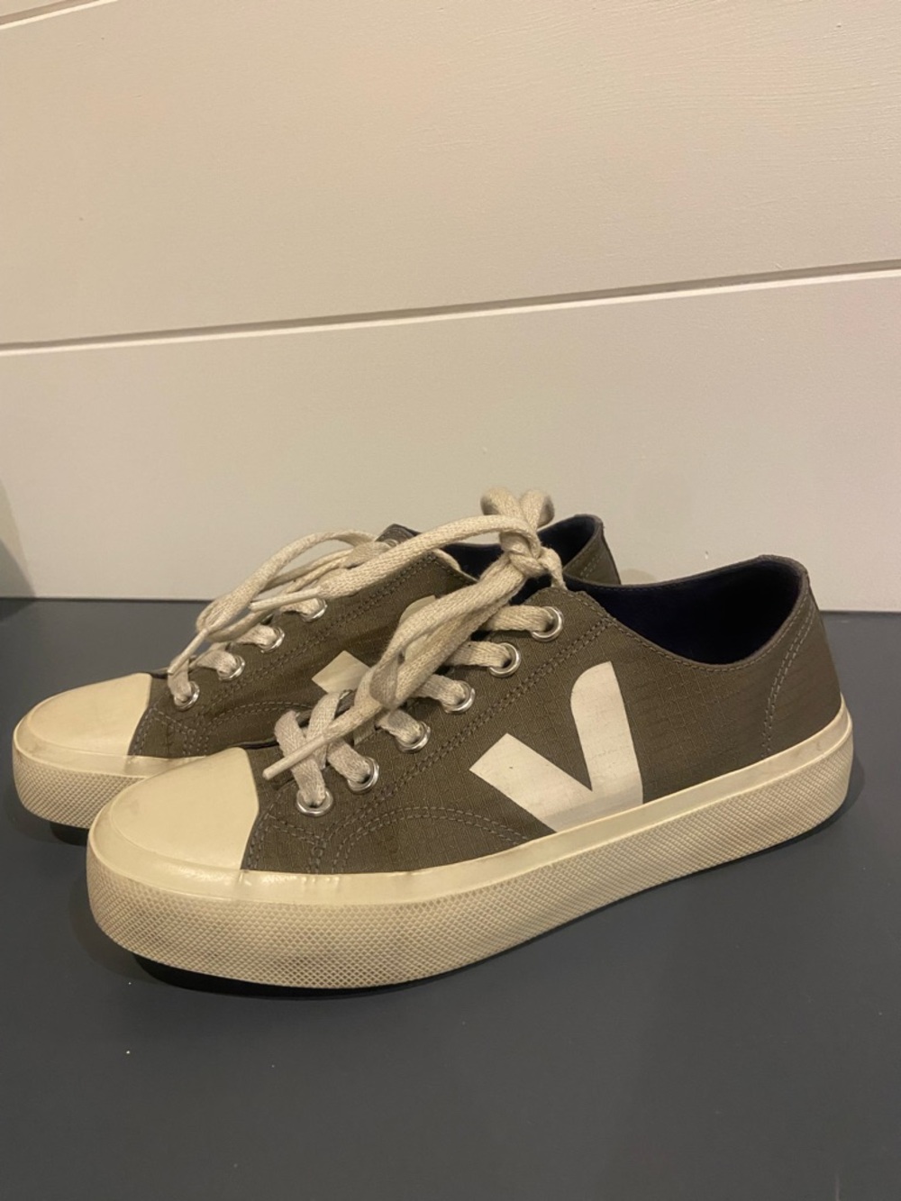 Veja Women's Olive Green Canvas Sneakers with White V Logo